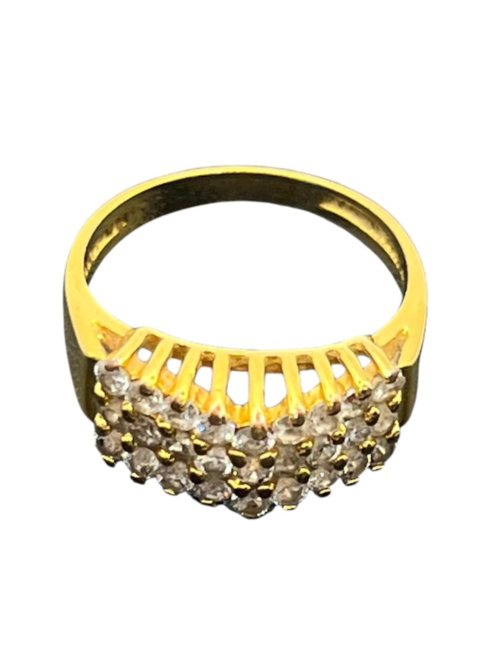 Gold electroplate clear CZ triple row peaked dome vintage ring size 9